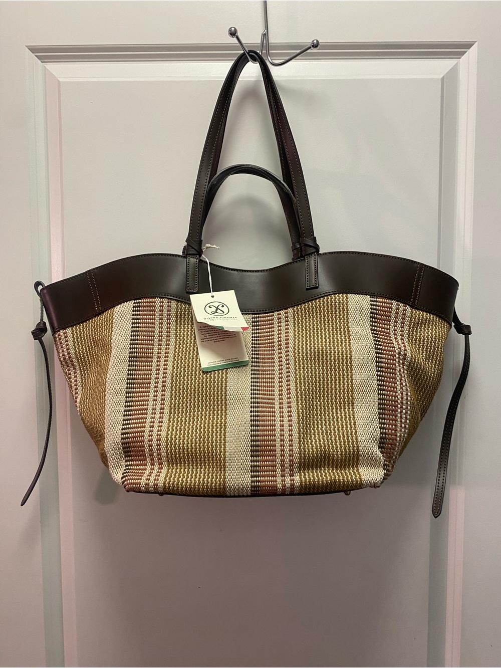 Striped Woven Tote with Dark Brown Trim
